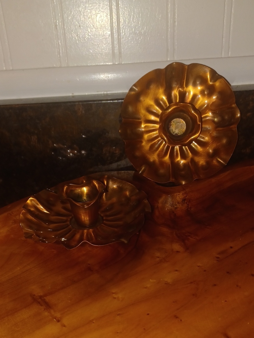 Vintage Gregorian Copper Ruffled Flower Candle Holders Set